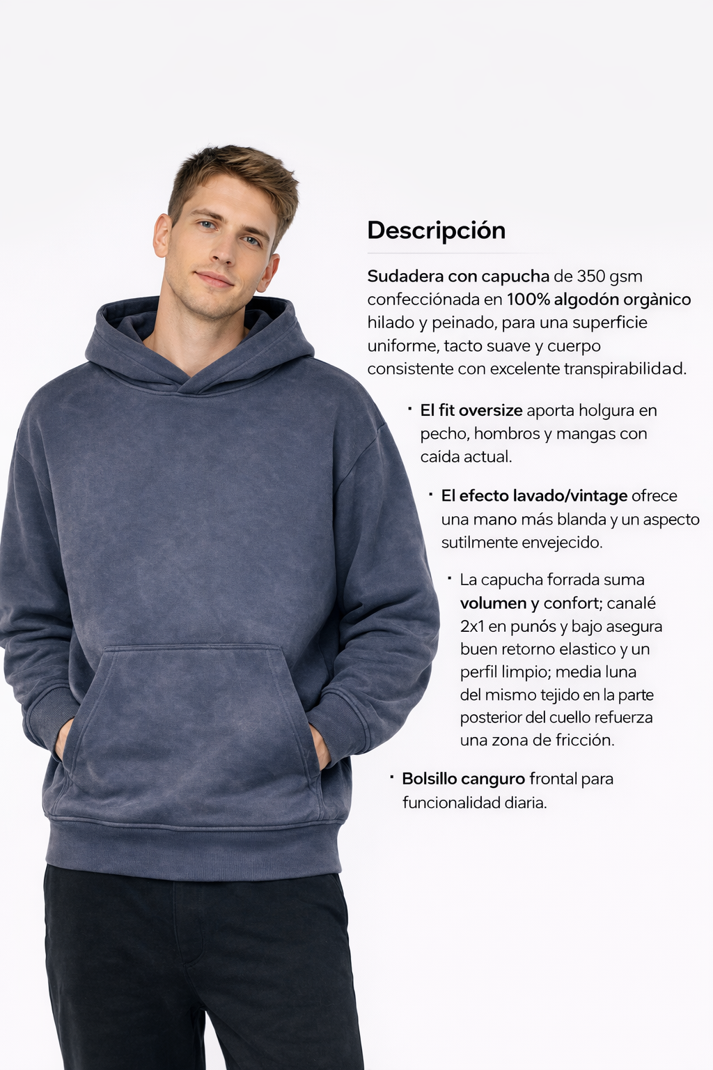 Definiendo la Calidad Prestige. La sudadera Prestigue eleva el estándar con una construcción en 100% algodón orgánico hilado y peinado. Con un peso de 350 gsm, esta prenda ofrece un cuerpo consistente y una superficie uniforme que denota calidad a primera vista. A diferencia de la felpa tradicional, su interior Terry (bucle sin perchar) garantiza una excelente transpirabilidad, haciéndola perfecta para usar todo el año. Los acabados incluyen canalé 2x1 en puños y bajo para un retorno elástico superior y una durabilidad inquebrantable.